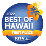 2022 Best of Hawaii First Place badge from KITV Island Television, with hibiscus flower design.