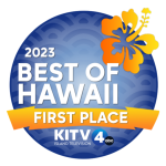 2023 Best of Hawaii First Place badge with hibiscus flower design.