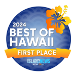 2024 Best of Hawaii First Place award with hibiscus design and Island News logo.