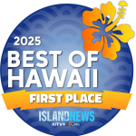2025 Best of Hawaii first place award badge with hibiscus flower, Island News logo.