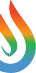 Colorful flame-shaped logo with gradient from blue to orange.