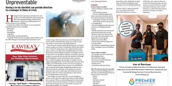 Magazine article on disaster preparedness with an emergency checklist and restoration services advertisement.