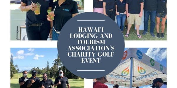 Hawaii Lodging and Tourism Association's charity golf event with attendees enjoying the day outdoors.