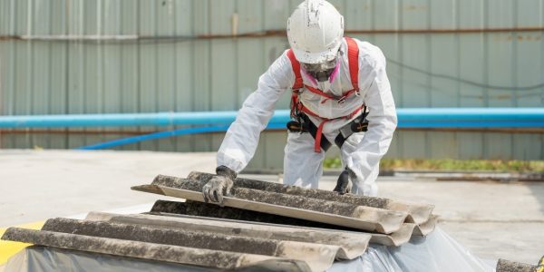 Worker in protective gear handles industrial materials outdoors.