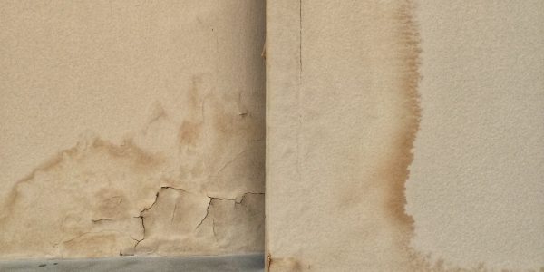 Water-stained wall with visible cracks and discoloration at the corner junction.