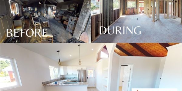 Before and after restoration by Premier Restoration Hawaii: damaged interior to newly renovated space.