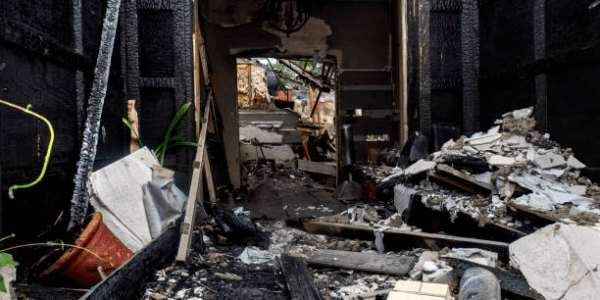 Charred interior of a house after a fire, with debris and burnt walls visible through a damaged doorway.