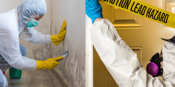 Left: Person in protective gear scraping mold. Right: Warning tape for lead hazard in protective setup.