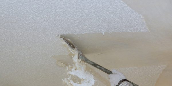 Person scraping popcorn ceiling off using a long-handled tool and wearing gloves.