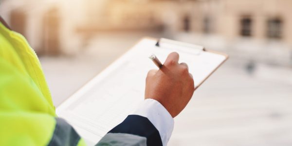 A property manager in a high-visibility jacket reviewing their Hawaii hurricane prep checklist.